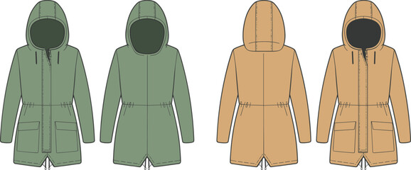 Flat fashion illustration of two hooded parkas in green and tan colors, front and back views jacket coat © ripon29