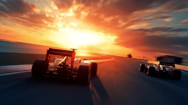 Sunset race track glows as two open-wheel cars zoom past water under blazing clouds, on the horizon