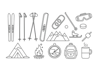Winter Adventure Outline Icons Featuring Skis Snowboard Fire Compass Backpack Tent and Hot Drink