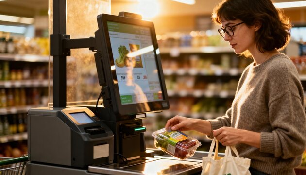 female purchasing with card and bags, individual using selfcheckout station with shopping bag nearby, female customer engaged in selfservice checkout process with grocery items and payment method