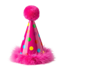 a vibrant pink party hat detailed with multicolored polka dots and fuzzy marabou feathers, perfectly placed on a transparent background with generous negative copy space. Concept for festive