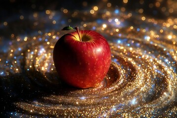 A vibrant red apple on a bed of gold glitter with a bokeh background