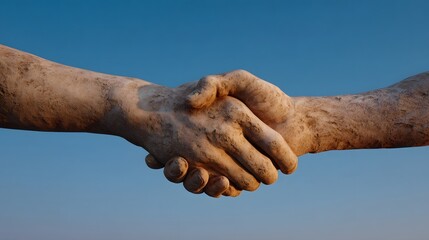 Two stone hands in a firm handshake against a clear blue sky symbolizing agreement and partnership