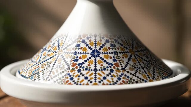 A plain white tagine pot transforms with a vibrant mosaic pattern. Traditional Moroccan cookware becomes beautifully decorated with intricate geometric designs.