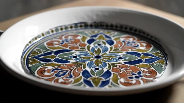 A plain white bowl transforms into a vibrant, intricately patterned artwork. Colorful mosaic designs magically appear, filling the entire ceramic surface.
