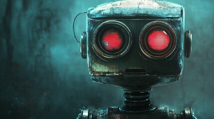 Naklejka premium A weathered, steampunk robot with glowing red eyes stares intensely from a dark, textured wall, evoking a sense of mystery and unease.