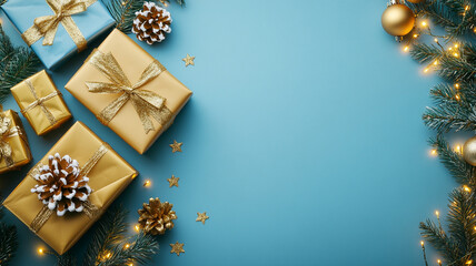 Bright Christmas background with gold and blue gifts, illuminated pine branches, snowy cones, and star confetti on a teal blue surface.