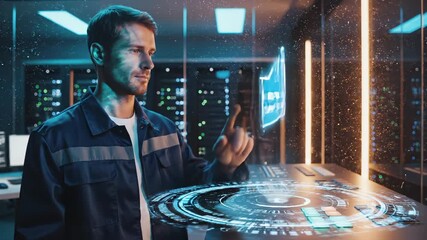 Engineer uses holographic interface in control room. Man manages digital factory automation with technology. Modern industry and futuristic technology concept. Engineer at work with digital interface. - Powered by Adobe