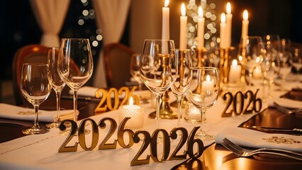 Elegant table setting with candles and glasses, celebrating the year 2026.