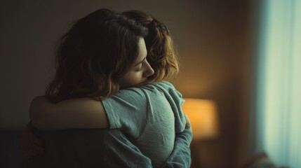 Comforting embrace between friends in calm indoor setting representing silent support and empathy during mental health struggles. Psychological care and wellbeing emotional healing compassion concept.