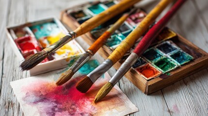 Fototapeta premium Collection of watercolor painting supplies including brushes palette with vibrant colors and textured paper with abstract wash on wooden artist desk. Creative therapy and hobby artistic expression.