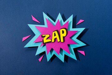 Zap bubble in purple and blue color with sharp edges on dark navy background