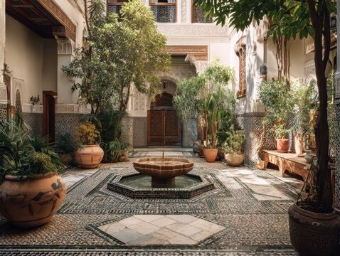 Empty serene Moroccan riad courtyard featuring central fountain with intricate decorative tilework and green plants creating peaceful luxurious atmosphere for luxury travel and hospitality concept.
