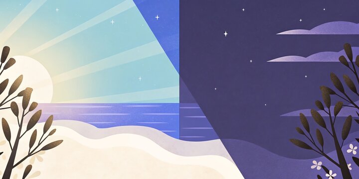 Day and night landscape: sun, stars, ocean, beach, and plants