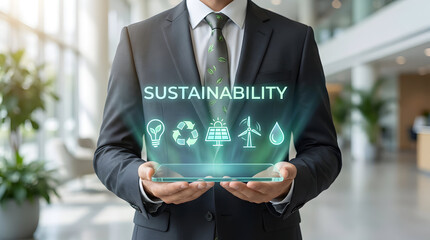 Modern businessman presents sustainability solutions on tablet for a greener future and eco friendly initiatives in today's business practices
