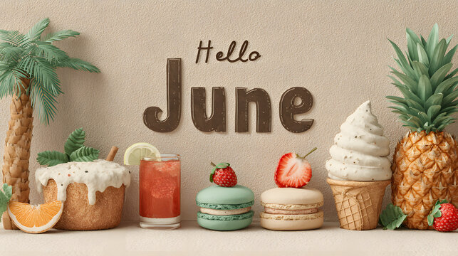 June month illustration background with pastel colors drawing with written Hello June to celebrate start of the month