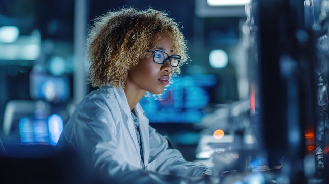 Female scientist in white lab coat working intently with high tech equipment in state of the art research facility in contemporary African nation for science technology and progress innovation.