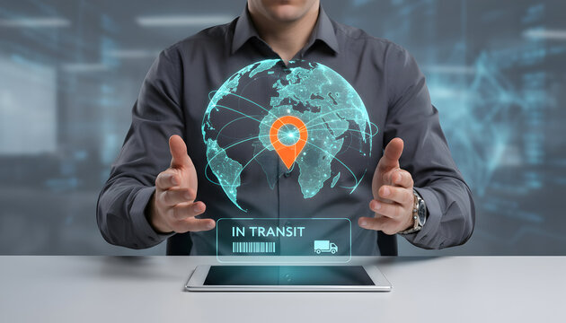 Global logistics tracking with world map and in transit truck hologram showcasing modern supply chain management for e-commerce and international shipping