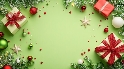 Bright Christmas background frame with red/white gifts, snowy fir, ornaments, confetti, and stars on a cheerful lime green surface.