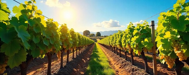 Sun-drenched Vineyards Ready for Harvest Rows of plump, ripe grapes stretch to the horizon under a clear blue sky at a picturesque winery, promising a bountiful autumn harvest.