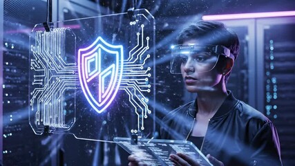 Woman engineer works on network security in a server room. She uses a VR headset and tablet. The engineer interacts with a cybersecurity shield. This is future data protection technology for network. - Powered by Adobe