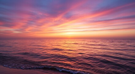 Fototapeta premium 夕焼け空の壮大な色彩が海に映り込み水面を優しく染め上げる幻想的な夕暮れ風景. AI Generated