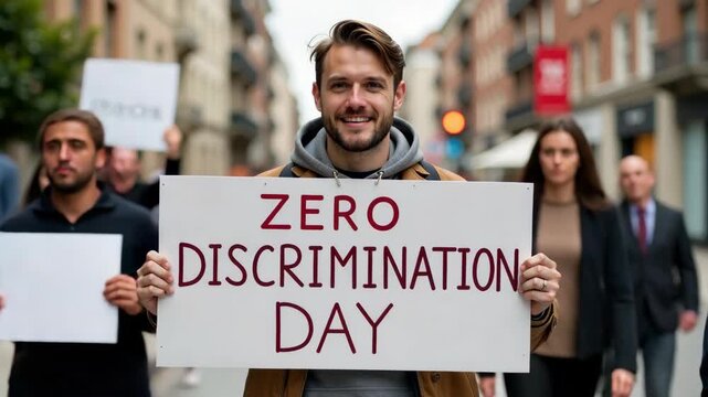 A smiling man holds a sign for Zero Discrimination Day during a street protest. An activist campaigns for equality and human rights in a public march. Social justice and anti-discrimination movement 