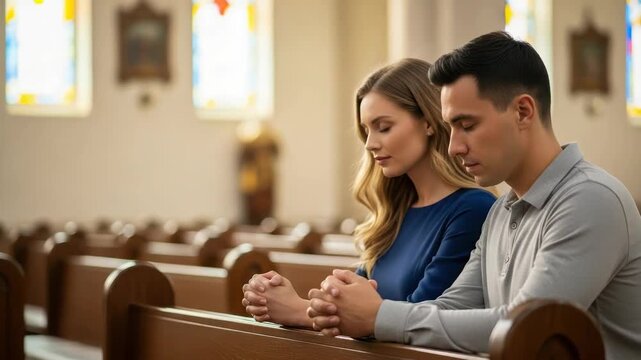 A young couple praying together in a church. Man and woman with clasped hands showing faith and devotion. Spirituality and wedding concept