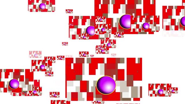 Abstract red pixel pattern with floating purple spheres animation
