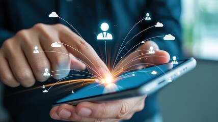 Person interacts with mobile device displaying a network of connected user icons and cloud symbols