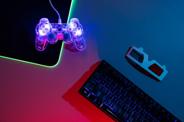 Neon transparent gamepad gaming keyboard and glasses with backlight