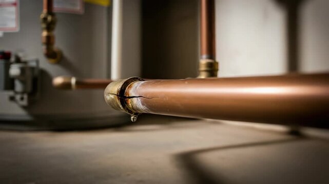 A cracked copper pipe leaking water. Close-up of a burst water line dripping in a basement. Home plumbing emergency and property damage concept.