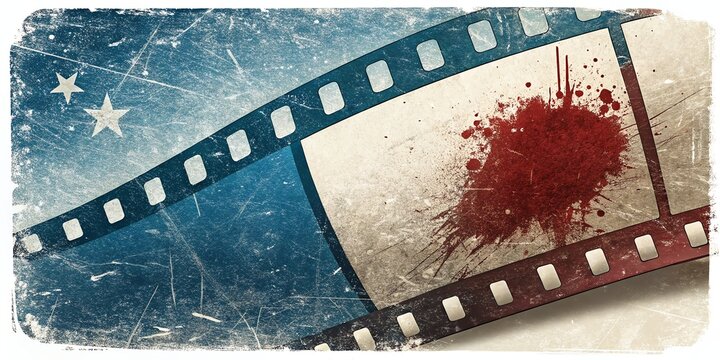 Grungy film strip with stars and blood splatter, film crime drama