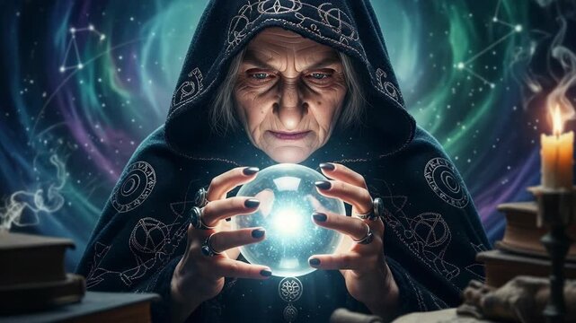 An old fortune teller gazes into a glowing crystal ball to predict the future. A mystical witch performing a divination ritual. Esotericism and supernatural prophecy concept