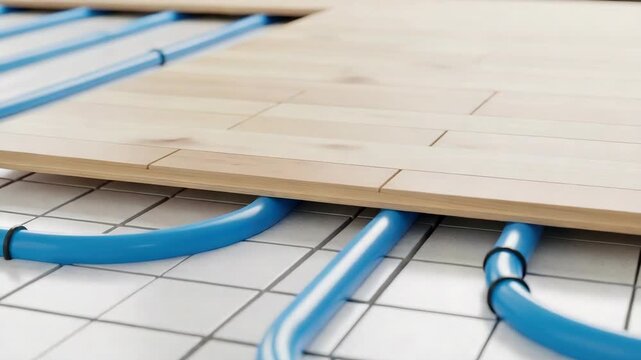 Underfloor heating system installation with blue pipes. Laying wooden laminate flooring over a modern radiant heat system. Home renovation and construction concept