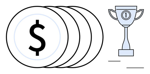 Financial success. Stack of dollar coins and trophy financial success and achievement. Financial success inspires motivation, wealth, awards, and prosperity. Ideal for business, finance, wealth