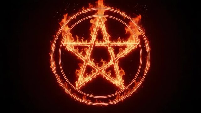 A burning pentagram symbol engulfed in animated flames. Fiery five-pointed star representing esotericism and occult magic. Motion graphic on a black background