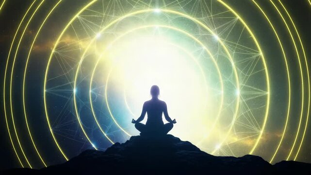 Silhouette meditating on a mountain against a cosmic background. Spiritual energy and a glowing aura expand outwards. Animation of consciousness and enlightenment