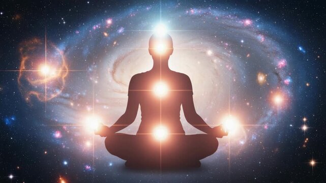 Silhouette of a person meditating with glowing chakras. Body energy centers aligning in front of a cosmic galaxy. Spirituality and enlightenment concept