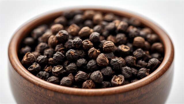 Realistic close-up photo of black peppercorns in a small bowl.
