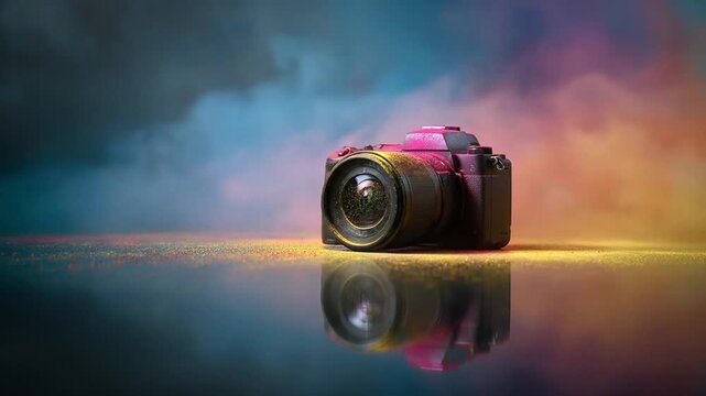 A compact camera sits on a neon-lit reflective surface, amid vibrant, colored mist, glowing at dawn
