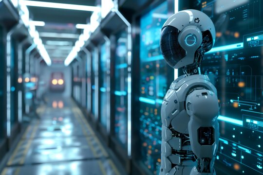 Advanced ai robot standing in futuristic server corridor