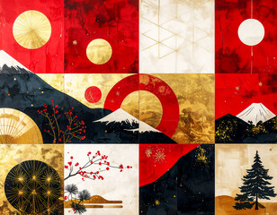 水墨画風の山並みと霧。赤と黒のモミの木がアクセントの、ミニマルで静謐な冬の風景。侘び寂びを感じさせる和モダンアート。