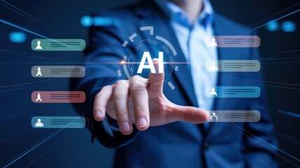 Business professional interacts with a glowing digital interface displaying artificial intelligence selection