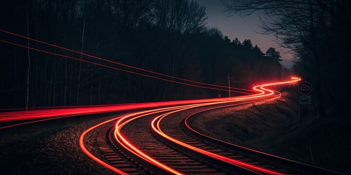 Red light trails curve along dark forest railway tracks at dusk