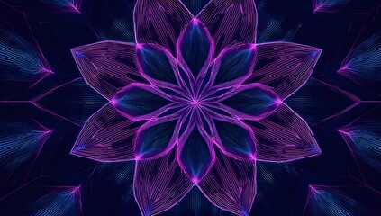 Intricate geometric fractal pattern with luminous purple and blue hues creating a mesmerizing symmetrical floral design against a dark background