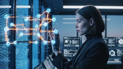 Woman analyzes futuristic data network. This futuristic technology helps visualize complex data. A woman scientist touches the ai network. She works in a server room. Analyzing big data is futuristic. - Powered by Adobe