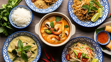 An inviting and colorful spread of authentic Thai cuisine, showcasing a variety of traditional dishes for a flavorful dining experience
