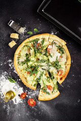 Visual representation of refined pizza with fresh greens and cheese