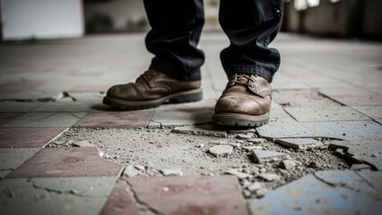 Boots stand on broken tiles in a deserted room, wearing dark trousers